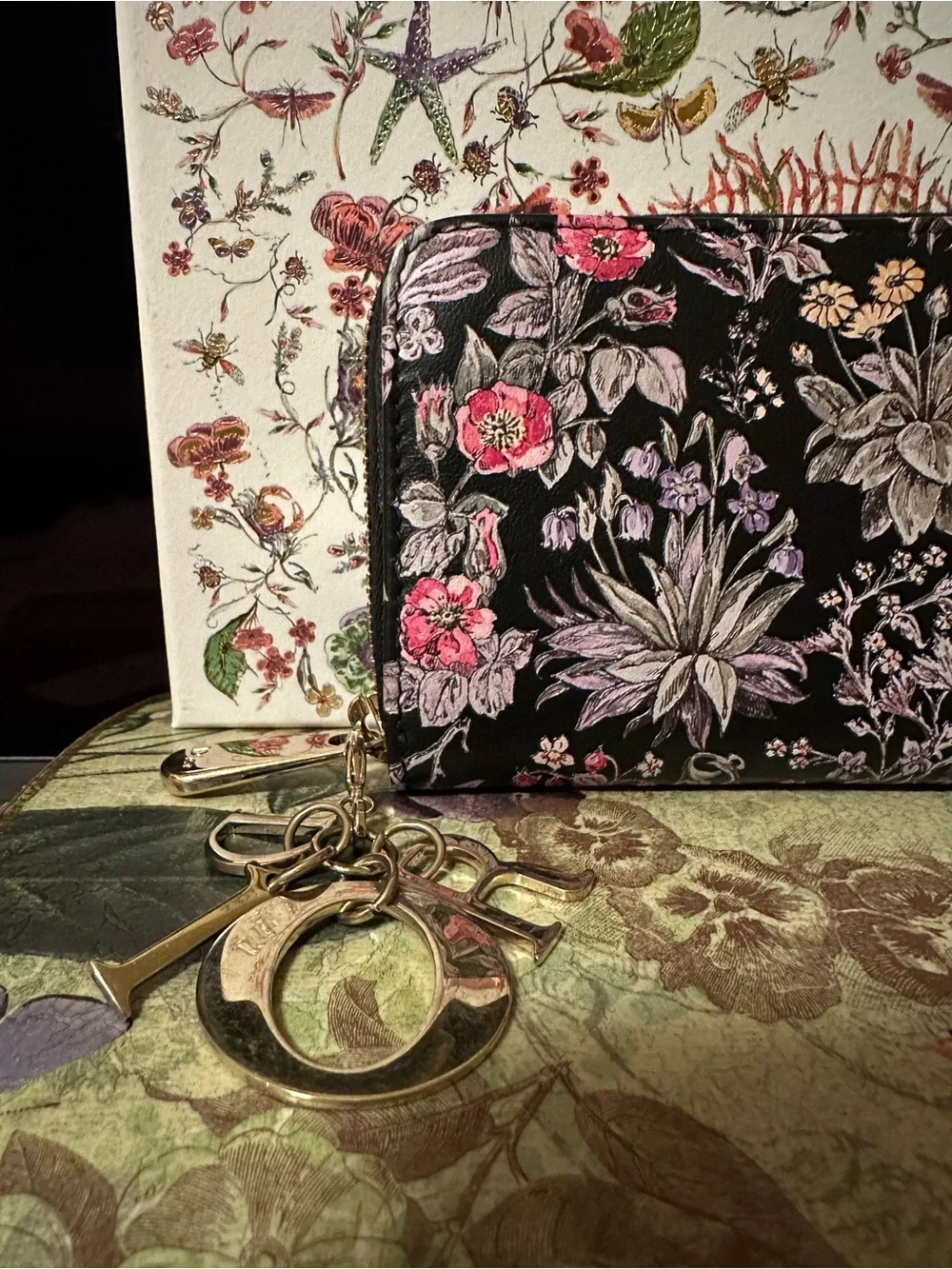 Dior Calfskin Millefiori Printed Lady Dior Zip Wallet Floral Black